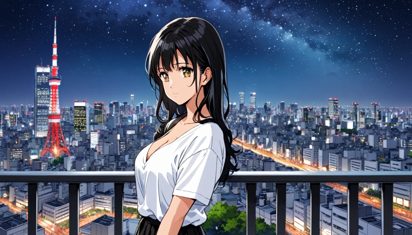 A black-haired woman looking out over the city of Tokyo,Night starry sky,Streetscape、listen to music、Japanese　Black Hair　Cleavage Skyscraper City　Wear a white Y-shirt