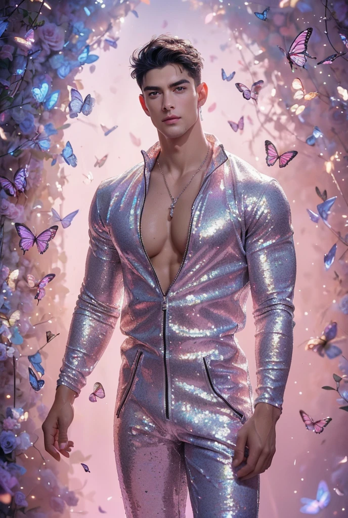  (absurdres, highres, ultra detailed, Ultra HD), ((a tall handsome muscular young man with a strong physique, solo, male model modern clothing, Full length portrait: 1.5, wearing (silver color zip-up jumpsuit) that is unzipped revealing his chest and abs, bulge:1.2, necklace, jewellery), beautiful detailed eyes, beautiful detailed lips, extremely detailed eyes and face, smooth skin, a hot glow in his skin, perfect body, large chest, extremely large breasts, big nipples, sexy gaze, looking at the viewer romantically, sexy expression, sexy posture, short hairstyle, beautiful, gorgeous, wet, sensual, alluring, erotic, mature, verious colorful roses around him, the man is standing comfortably in the roses, butterflies on his body, butterflies flying through the air, floral, depth of field, gradient background, Sparkle & Sequin Backdrops, vibrant colours, breathtaking grandeur, model pose, colorful, artistic, focus on his calm facial features, elegant look, full body view,