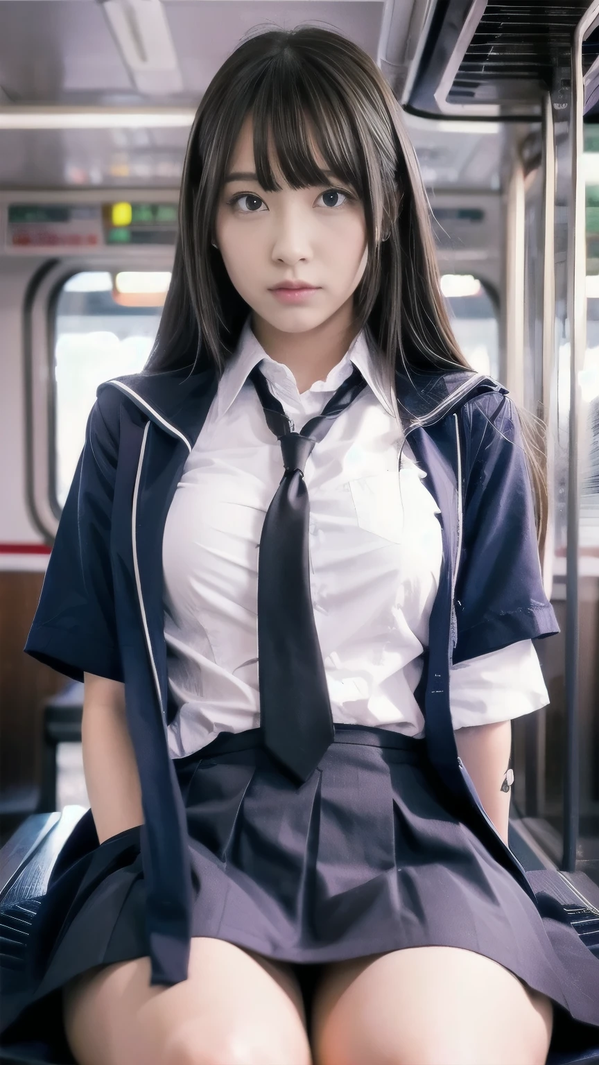 Japanese 1 female,Cosplay Japanese Schoolgirl Uniform,sitting in a train seat,((Spread your legs)),（(Focus on her crotch:1.1),Between her clothes,Under her skirt,Ultra low angle,Knees together,She is looking down,She doesn&#39;t notice me,