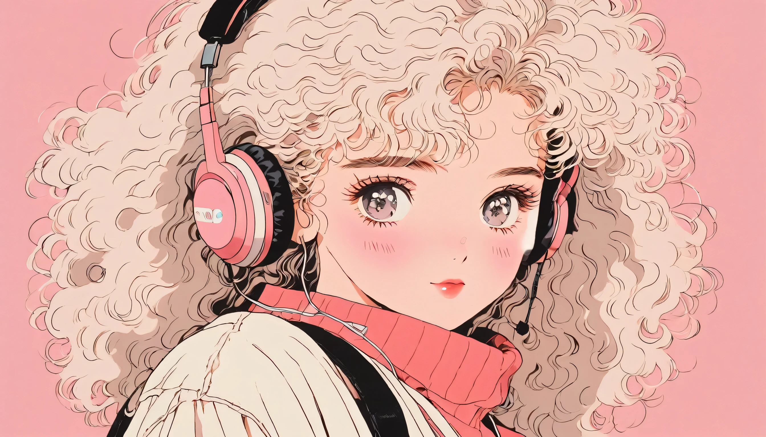 90's anime style, 1990s style, clear, 1980s style, (blush:1.7), the highest quality, 8k, 1 woman, Only, lofi girl, lofi art, lofi feeling, looking at the viewer, very big eyes, wearing 1980s clothes, upper shot, close up, smiling, light brown eyes, skin white as snow, sparkling eyes, white hair, curly hair, anime girl wearing headphones, solid pink background with no other elements