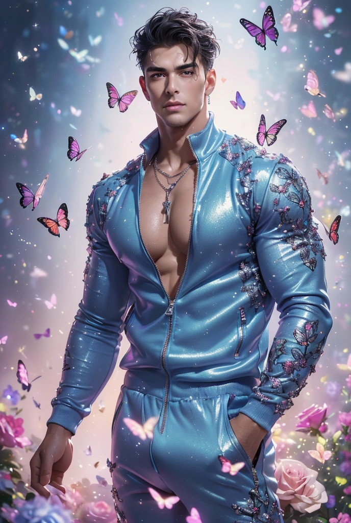  (absurdres, highres, ultra detailed, Ultra HD), ((a tall handsome muscular young man with a strong physique, solo, male model modern clothing, Full length portrait: 1.5, wearing (silver color zip-up jumpsuit) that is unzipped revealing his chest and abs, bulge:1.2, necklace, jewellery), beautiful detailed eyes, beautiful detailed lips, extremely detailed eyes and face, smooth skin, a hot glow in his skin, perfect body, large chest, extremely large breasts, big nipples, sexy gaze, looking at the viewer romantically, sexy expression, sexy posture, short hairstyle, beautiful, gorgeous, wet, sensual, alluring, erotic, mature, verious colorful roses around him, the man is standing comfortably in the roses, butterflies on his body, butterflies flying through the air, floral, depth of field, gradient background, Sparkle & Sequin Backdrops, vibrant colours, breathtaking grandeur, model pose, colorful, artistic, focus on his calm facial features, elegant look, full body view,