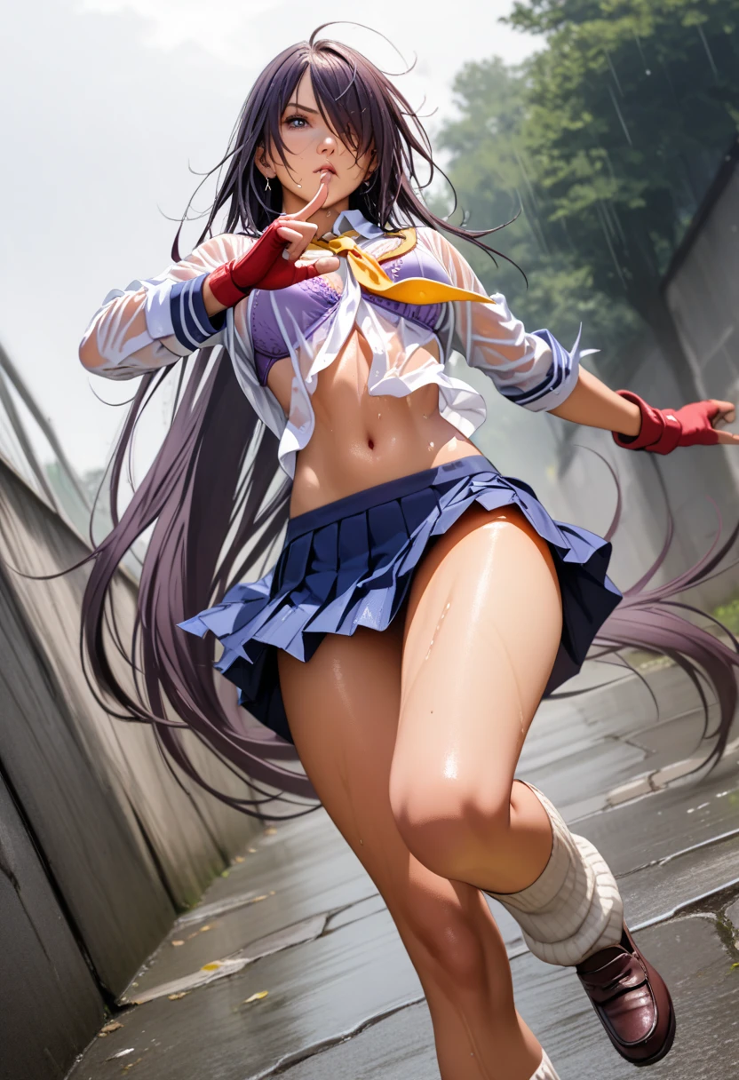 kanu,dark purple hair, hair over one eye, very long hair,school uniform,ultra miniskirt,red fingerless gloves, midriff,navel, loose socks, pleated skirt, yellow neckerchief, earrings, loafers,large breasts,perfect hands, perfect finger,perfect anatomy, masterpiece, best quality,realistic, hyperrealistic, 16k hdr,(1 muscular girl:1.2),outdoor,high school,(fighting pose,dynamic pose:1.2),dynamic angle,strong wind,upper body,serious,from below,wet shirt,delicate embellishments Gorgeous bra,rainy day