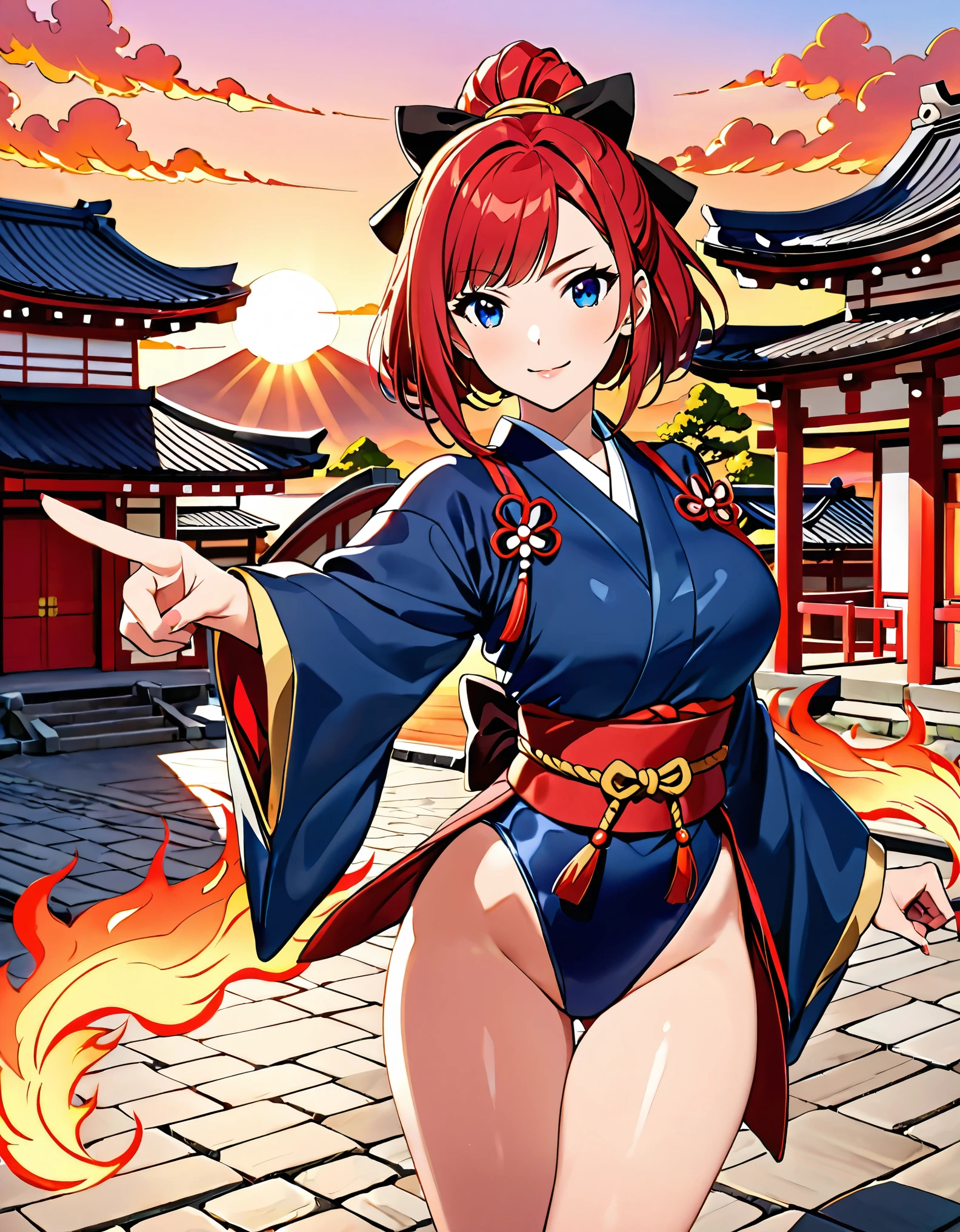 (masterpiece), (best quality), (high res), highly detailed, professional, 1woman, solo, solo focus, adult, cute and attractive woman, kunoichi, leotard, bare legs, ankle boots, red hair, dark blue eyes, right hand pointing finger, flames emerging from finger, Japanese temple backdrop, sunset, cowboy shot, full body with costume.