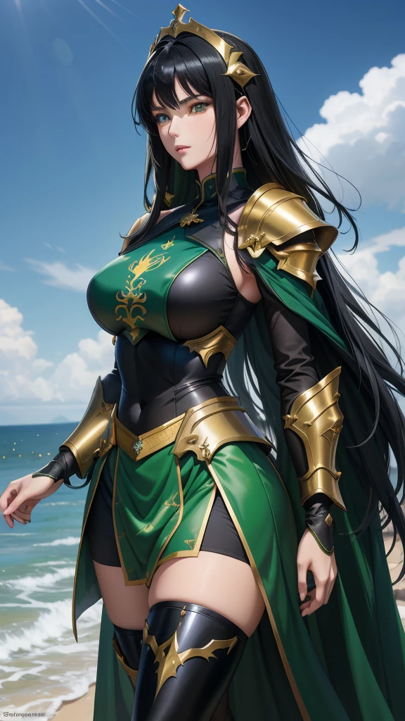 une femme, 25 ans, manga, cheveux longs, cheveux de couleur noire, black hairs, green armor, armure de couleur verte, armure du dragon de couleur verte, dragon scale skirt, dragon scale skirt, green shest armour, saint seiya, shiryu, dragon, casque, chevalier du zodiaque, piques montagneux, cascade, falaise