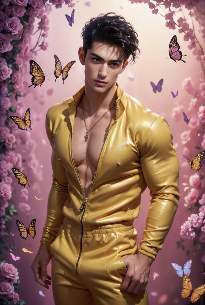  (absurdres, highres, ultra detailed, Ultra HD), ((a tall handsome muscular young man with a strong physique, solo, male model modern clothing, Full length portrait: 1.5, wearing (golden color zip-up jumpsuit) that is unzipped revealing his chest and abs, bulge:1.2, necklace, jewellery), beautiful detailed eyes, beautiful detailed lips, extremely detailed eyes and face, smooth skin, a hot glow in his skin, perfect body, large chest, extremely large breasts, big nipples, sexy gaze, looking at the viewer romantically, sexy expression, sexy posture, short hairstyle, beautiful, gorgeous, wet, sensual, alluring, erotic, mature, verious colorful roses around him, the man is standing comfortably in the roses, butterflies on his body, butterflies flying through the air, floral, depth of field, gradient background, Sparkle & Sequin Backdrops, vibrant colours, breathtaking grandeur, model pose, colorful, artistic, focus on his calm facial features, elegant look, full body view,