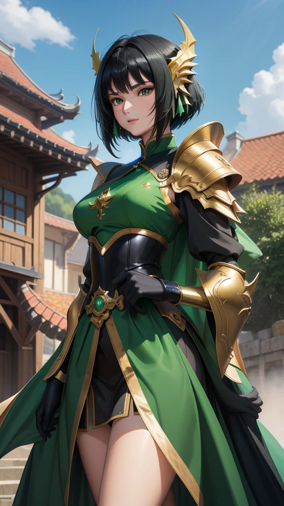 une femme, 25 ans, manga, cheveux longs, cheveux de couleur noire, black hairs, green armor, armure de couleur verte, armure du dragon de couleur verte, dragon scale skirt, dragon scale skirt, green shest armour, saint seiya, shiryu, dragon, casque, chevalier du zodiaque, piques montagneux, cascade, falaise