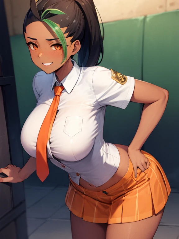 masterpiece, Best Quality, Nemona, One girl, Dark skinned women, Sunburned skin, [Orange tie, , Big Breasts, Orange Skirt, abdomen, View your viewers, White button-down shirt, Short sleeves, smile,Large Breasts、Leaning forward, Grab one breast with your hand、Lift one breast