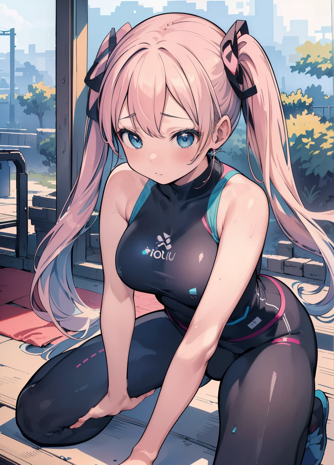 Super skillful anime illustration,Boxercise at the gym,
splatoon style,cute girl,white long Hair,shiny delta forehead,Bangs parted in middle of forehead,blue eyes,white battle suit,baby face,Macaron-shaped headgear,open mouth smile,thigh gap,