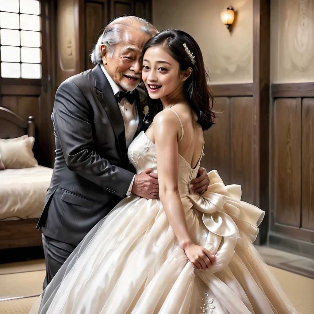 ((Best Quality)), ((masterpiece)), (detailed), （Perfect Face）、The woman is Satomi Ishihara with black hair and a wedding dress、The woman hugs and kisses the old man, then the man puts his penis into her pussy and ejaculates into her, making love to him.