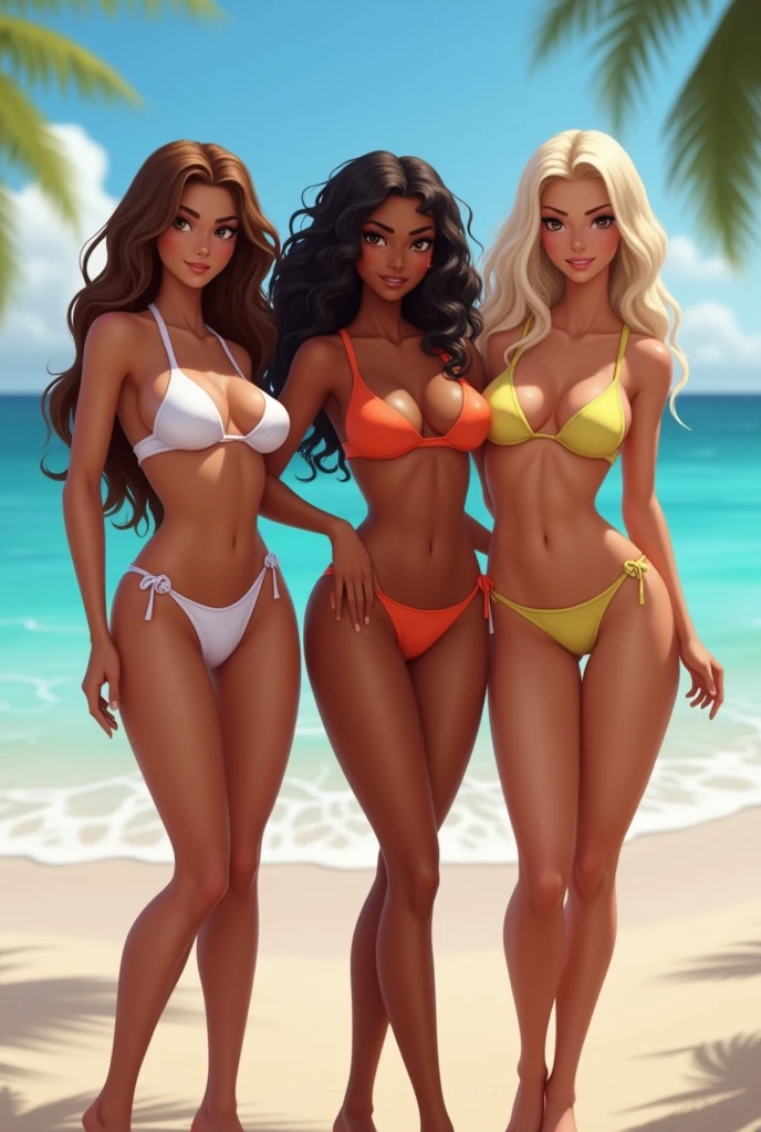 (masterpiece), (best quality), (ultra-detailed), ((masterpiece)) ((best quality)) ((ultra-detailed)) three women in bikinis are standing next to each other, imvu, ( ( dark skin ) ), tan skin), ( brown skin ), poolside, latina skin, near the beach, ( ( brown skin ) ), second life avatar, black skin!!!, thicc, at the beach, dark skinned, pool , standing near the beach, dark skin, dark-skinned