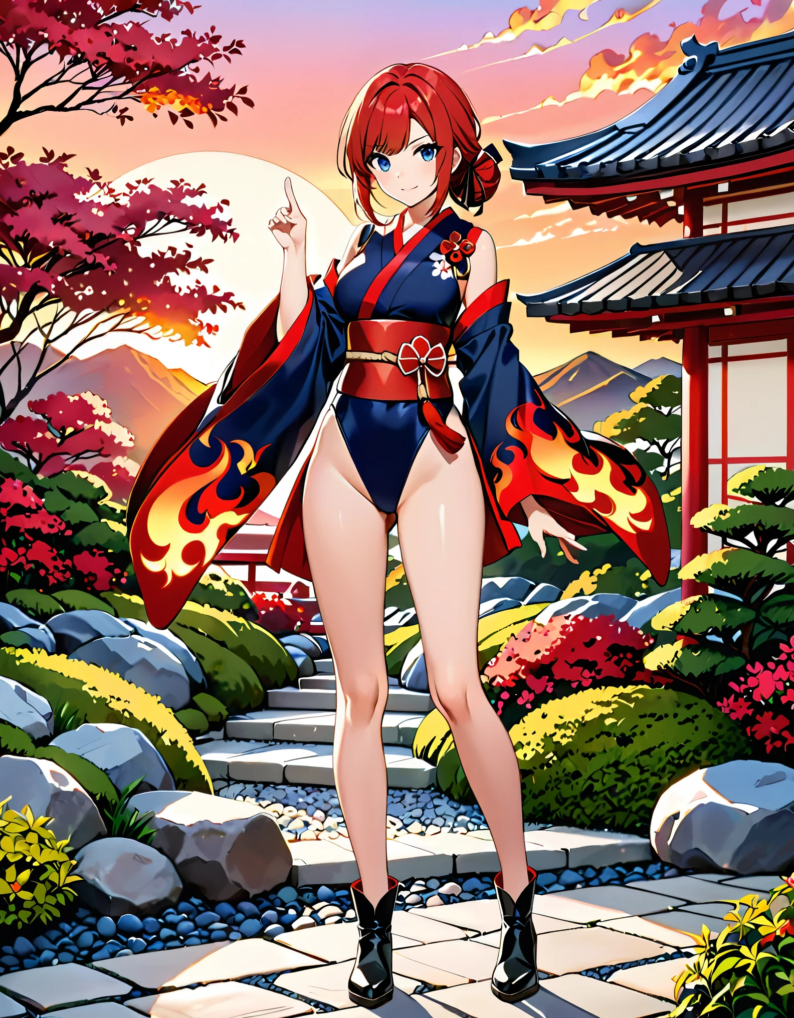 (masterpiece), (best quality), (high res), highly detailed, professional, 1woman, solo, solo focus, adult, cute and attractive woman, kunoichi, leotard, bare legs, ankle boots, red hair, dark blue eyes, right hand pointing finger, flames emerging from finger, Japanese Garden backdrop, sunset, cowboy shot, full body with costume.