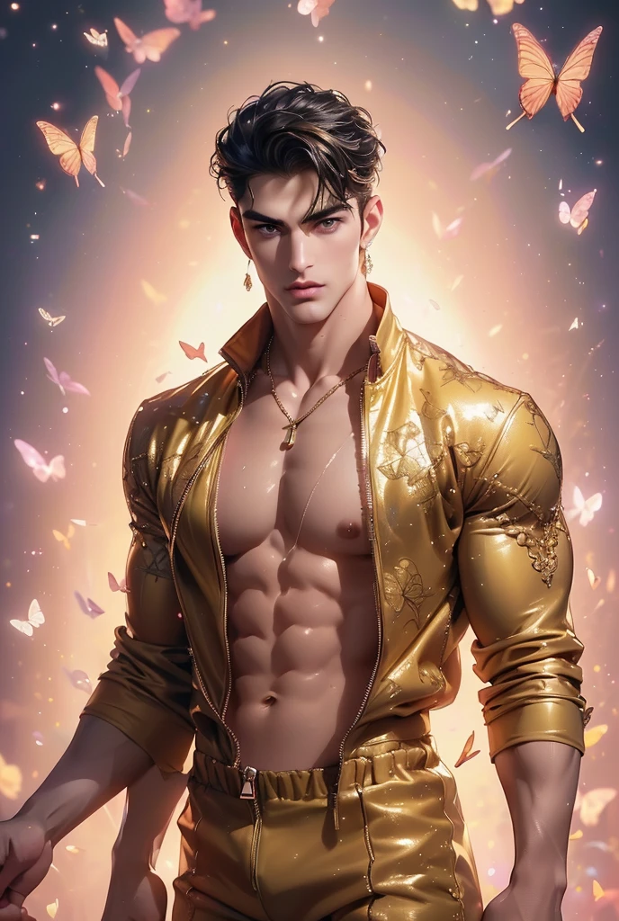  (absurdres, highres, ultra detailed, Ultra HD), ((a tall handsome muscular young man with a strong physique, solo, male model modern clothing, Full length portrait: 1.5, wearing (golden color zip-up jumpsuit) that is unzipped revealing his chest and abs, bulge:1.2, necklace, jewellery), beautiful detailed eyes, beautiful detailed lips, extremely detailed eyes and face, smooth skin, a hot glow in his skin, perfect body, large chest, extremely large breasts, big nipples, sexy gaze, looking at the viewer romantically, sexy expression, sexy posture, short hairstyle, beautiful, gorgeous, wet, sensual, alluring, erotic, mature, verious colorful roses around him, the man is standing comfortably in the roses, butterflies on his body, butterflies flying through the air, floral, depth of field, gradient background, Sparkle & Sequin Backdrops, vibrant colours, breathtaking grandeur, model pose, colorful, artistic, focus on his calm facial features, elegant look, full body view,