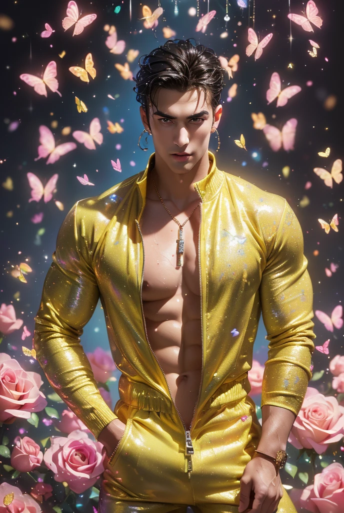  (absurdres, highres, ultra detailed, Ultra HD), ((a tall handsome muscular young man with a strong physique, solo, male model modern clothing, Full length portrait: 1.5, wearing (golden color zip-up jumpsuit) that is unzipped revealing his chest and abs, bulge:1.2, necklace, jewellery), beautiful detailed eyes, beautiful detailed lips, extremely detailed eyes and face, smooth skin, a hot glow in his skin, perfect body, large chest, extremely large breasts, big nipples, sexy gaze, looking at the viewer romantically, sexy expression, sexy posture, short hairstyle, beautiful, gorgeous, wet, sensual, alluring, erotic, mature, verious colorful roses around him, the man is standing comfortably in the roses, butterflies on his body, butterflies flying through the air, floral, depth of field, gradient background, Sparkle & Sequin Backdrops, vibrant colours, breathtaking grandeur, model pose, colorful, artistic, focus on his calm facial features, elegant look, full body view,