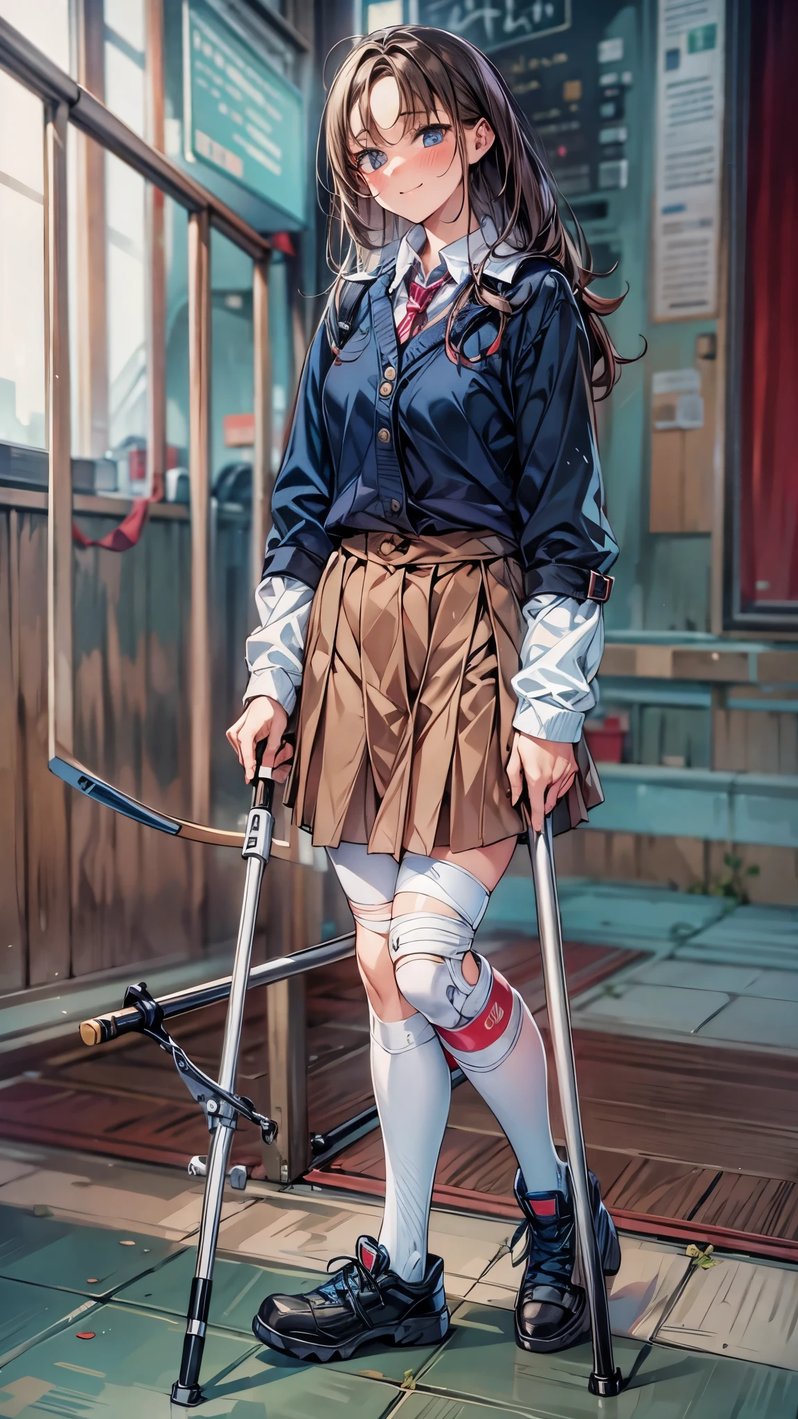 one disabled beautiful girl,1 girl,high school uniform,Beautiful girl with a broken leg and crutch,disabled leg,Lean on a cane, With a cane,medical, Carrying a walking stick, leg brace, Leg and thigh shots, Really great images, Leg shots,smile, Blushing, boots with leg brace,