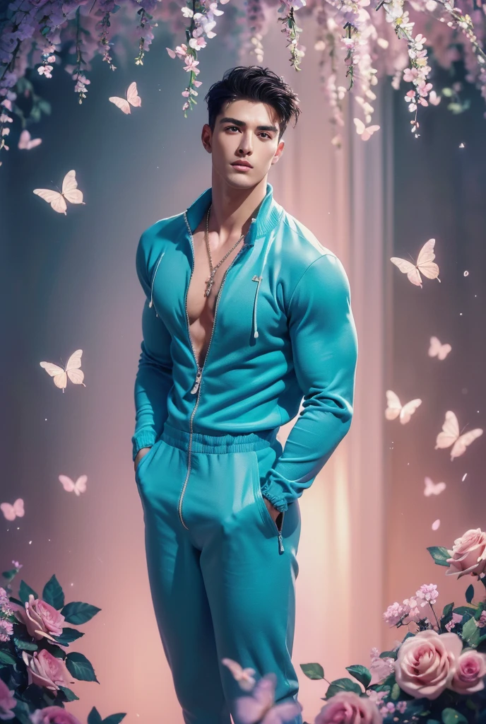  (absurdres, highres, ultra detailed, Ultra HD), ((a tall handsome muscular young man with a strong physique, solo, male model modern clothing, Full length portrait: 1.5, wearing (cyan color zip-up jumpsuit) that is unzipped revealing his chest and abs, bulge:1.2, necklace, jewellery), beautiful detailed eyes, beautiful detailed lips, extremely detailed eyes and face, smooth skin, a hot glow in his skin, perfect body, large chest, extremely large breasts, big nipples, sexy gaze, looking at the viewer romantically, sexy expression, sexy posture, short hairstyle, beautiful, gorgeous, wet, sensual, alluring, erotic, mature, verious colorful roses around him, the man is standing comfortably in the roses, butterflies on his body, butterflies flying through the air, floral, depth of field, gradient background, Sparkle & Sequin Backdrops, vibrant colours, breathtaking grandeur, model pose, colorful, artistic, focus on his calm facial features, elegant look, full body view,