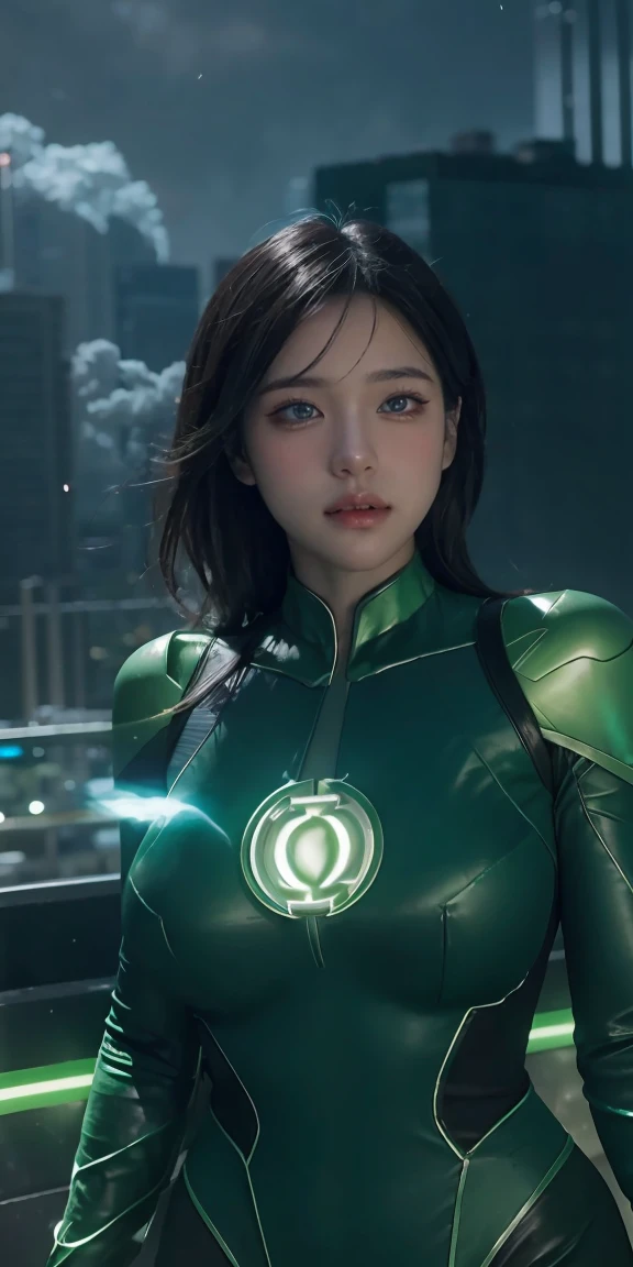 Scene from the movie, Woman dressed as Green Lantern from DC, extremely detailed, futuristic cityscape, nighttime, glowing neon lights, smoke, sparks, metal shavings, flying debris, blue energy effects, volumetric light