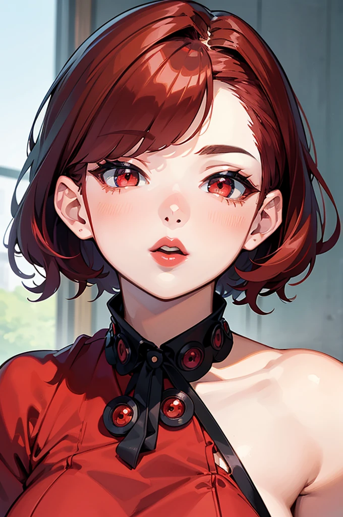 (masterpiece),(Best Quality:1.0), (Ultra-high resolution:1.0), Detailed illustrations, 8k, anime, One girl, beautiful anime girl, Wearing a red dress, corolla, Cute face, Detailed face, Beautiful Eyes, Detailed eyes, Dark red eyes, Bright red lips, Red lipstick, Beautiful and stylish hair, Hair highlights, bangs anime style, Best Quality, Vibrant