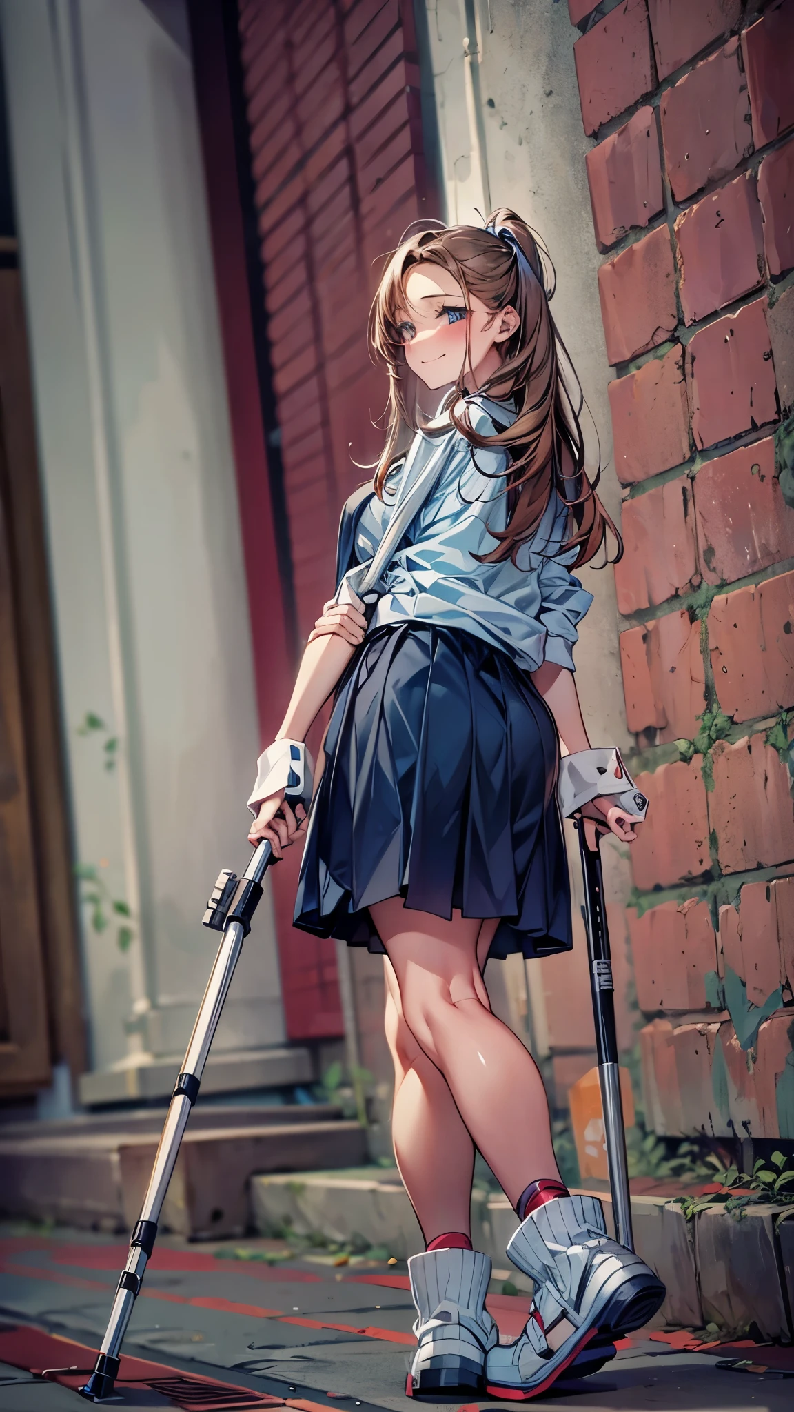 one disabled beautiful girl,1 girl,high school uniform,Beautiful girl with a broken leg and crutch,disabled leg,Lean on a cane, With a cane,medical, Carrying a walking stick, leg brace, Leg and thigh shots, Really great images, Leg shots,smile, Blushing, boots with leg brace,