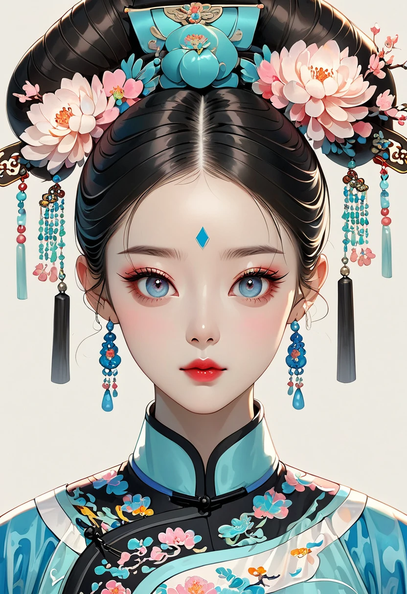 Fine brushwork，2D，Colored pencils，Beautiful digital art，Clear lines，Beautiful Chinese Qing Dynasty Princess，Bright Eyes，Exquisite facial features，symmetry，Delicate hair，Qing Dynasty clothing，Clean background，Bright colors