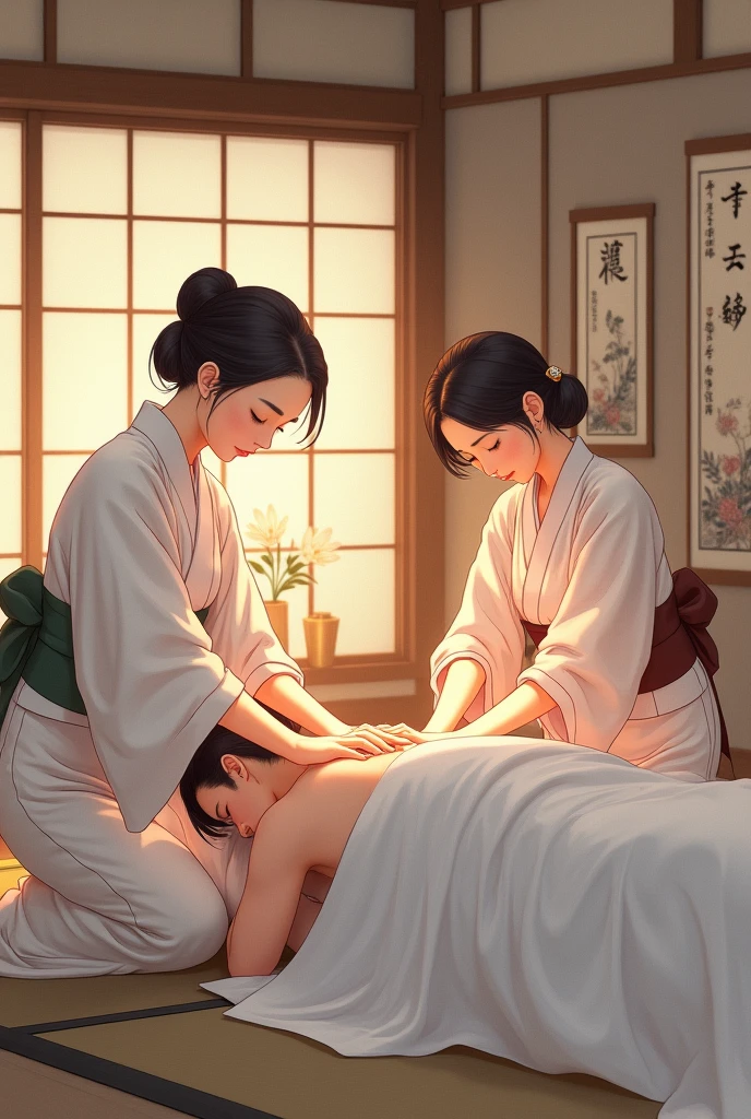 create an idyllic image of two women in love in anime illustration style, one is a beautiful and shy Asian with long black hair, dressed in a 50s style with a white shirt and a pink skirt who is sitting sideways, giving an innocent and relaxing Thai massage to a beautiful and sweet young British woman with light brown hair tied in a bun, who is lying on a stretcher covered with a white sheet and only with her back uncovered receiving her massage, the atmosphere is cozy and full of scented candles