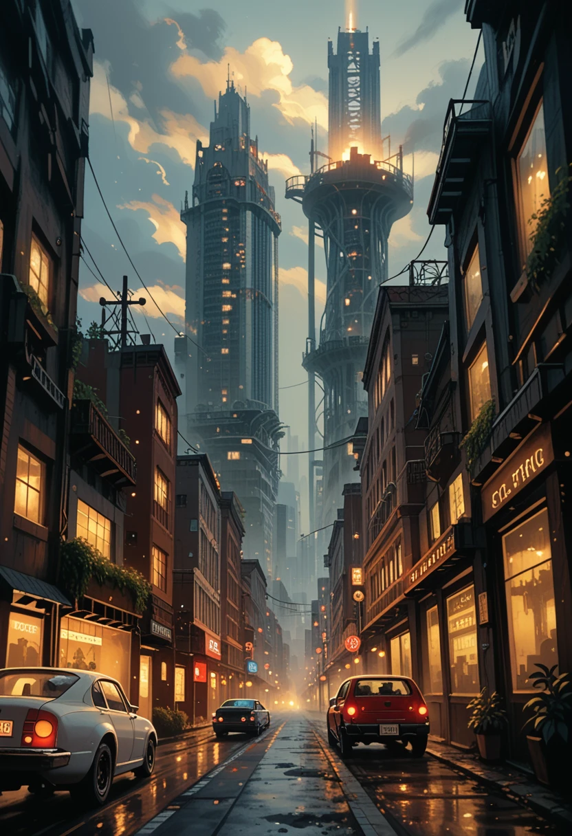 Industrial city, Surround with a wall, steampunk, rusty and heavy, smoke, a fireplace, Plants, gears, car, tall buildings, towers, steam power, steam pipes, Street lights, (cinematic lighting:0.8, Super details, blossom)