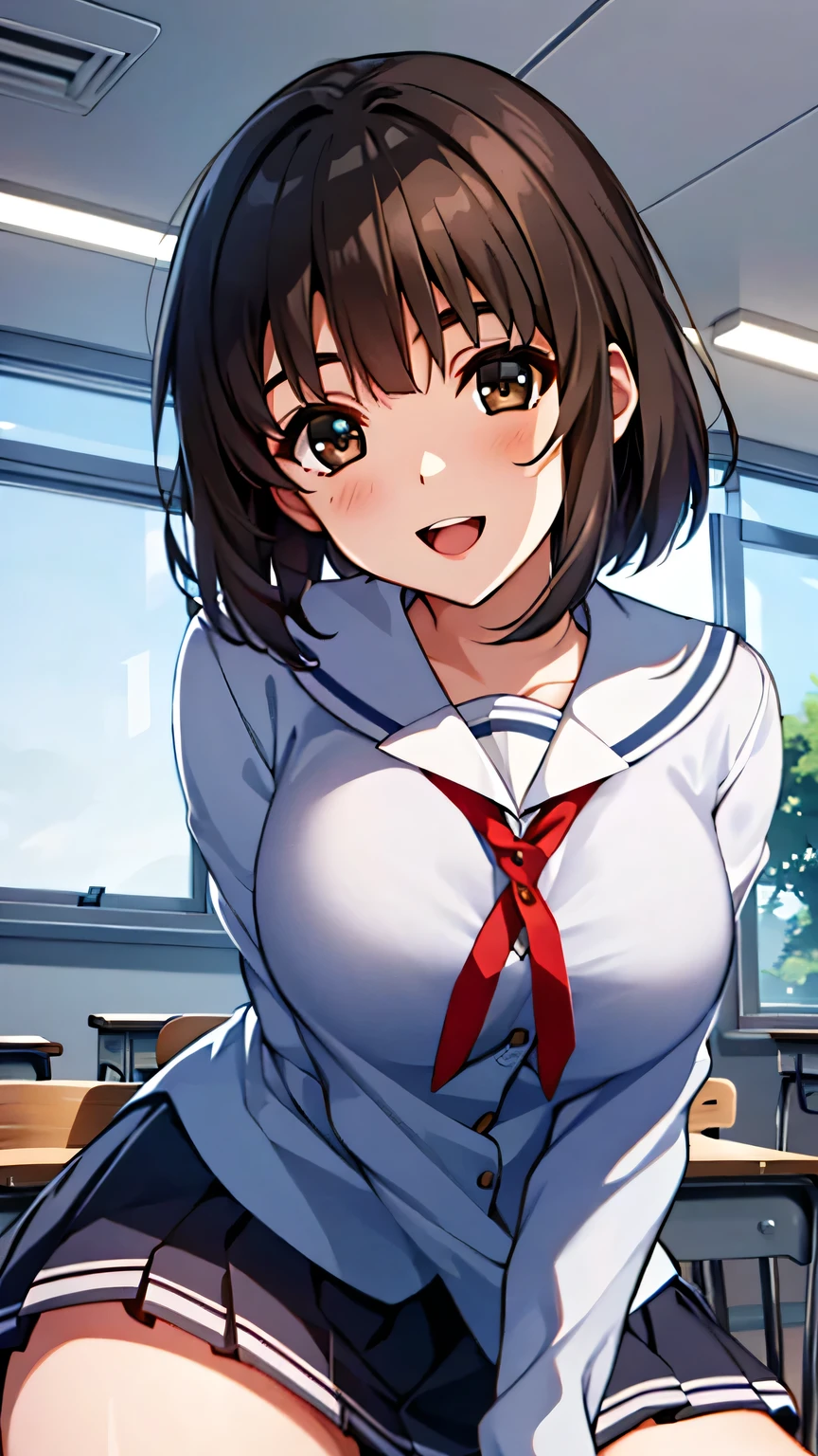 {{{masterpiece}}}, {{{best quality}}}, {{ultra-detailed}}, {illustration}, {{an extremely delicate and beautiful}}, (beautiful detailed eyes:1.6), extremely detailed face, 16k, visual anime de uma jovem mulher, extremamente bonito rosto de anime, anime melhor garota, (perfect hands, perfect anatomy), anime face, Katou Megumi (SAEKANO), 1girl, solo, cute face, hmkm1, brown hair, short hair, (brown eyes:1.7), medium breasts, thin waist, big hips, curvaceous, BREAK, {{school clothes}}, sailor collar, (blue shirt:1.2), long sleeves, red ribbon tie, pleated skirt, blue skirt, short skirt, thighs, black socks, BREAK ,1girl, cowboy shot,, open mouth, kyoushitsu, classroom, indoors, school chair, school desk, chalkboard, window, ceiling light, curtains, smiling, peer in from below, looking at viewer, daytime, sit on the desk, spread legs, smiling, flushed cheeks