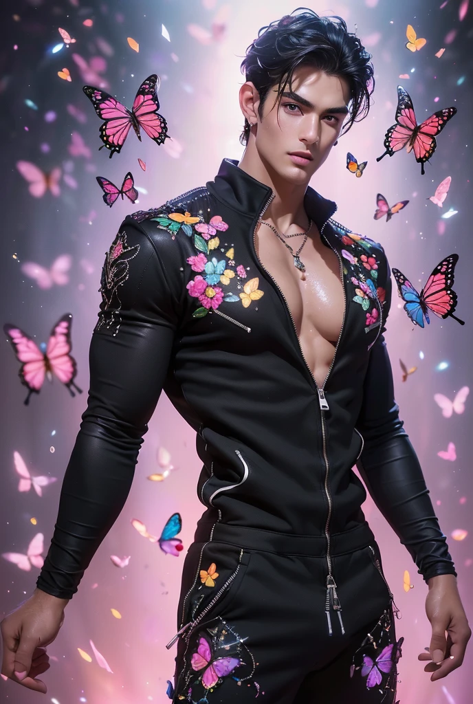  (absurdres, highres, ultra detailed, Ultra HD), ((a tall handsome muscular young man with a strong physique, solo, male model modern clothing, Full length portrait: 1.5, wearing (black color zip-up jumpsuit) that is unzipped revealing his chest and abs, bulge:1.2, necklace, jewellery), beautiful detailed eyes, beautiful detailed lips, extremely detailed eyes and face, smooth skin, a hot glow in his skin, perfect body, large chest, extremely large breasts, big nipples, sexy gaze, looking at the viewer romantically, sexy expression, sexy posture, short hairstyle, beautiful, gorgeous, wet, sensual, alluring, erotic, mature, verious colorful roses around him, the man is standing comfortably in the roses, butterflies on his body, butterflies flying through the air, floral, depth of field, gradient background, Sparkle & Sequin Backdrops, vibrant colours, breathtaking grandeur, model pose, colorful, artistic, focus on his calm facial features, elegant look, full body view,