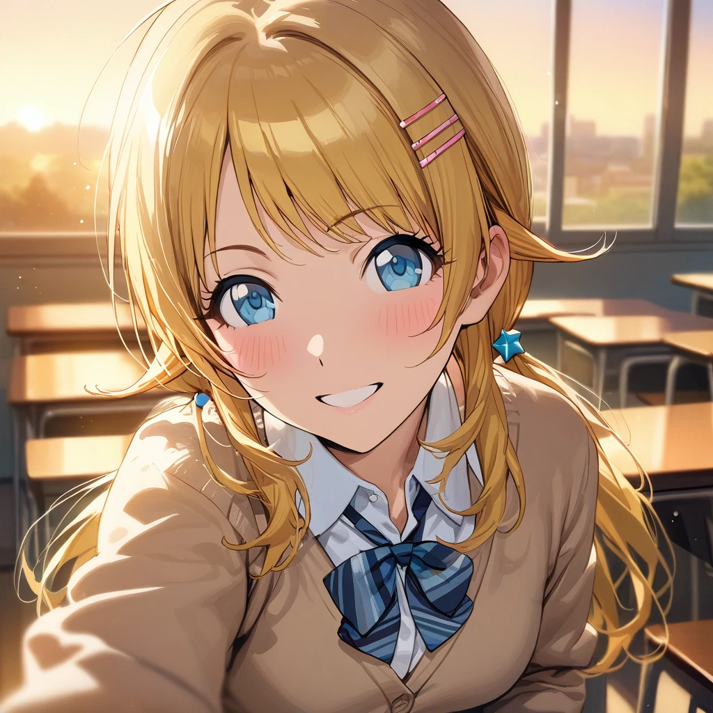 (masterpiece),(Highest quality),(Very detailed),(Best illustrations),(Best Shadow),(Absurd),(Detailed Background),(so beautiful), 
Official Style,

Meguru Hachimiya, blonde hair, long hair, blue eyes,

the idolmaster shiny colors,
low twintail,
chest,
blush,
smile,

school uniform, Cardigan,

alone,
Japan,
classroom,
evening,
Sunset,
Background Blur, 
focus on face,
realistic skin,