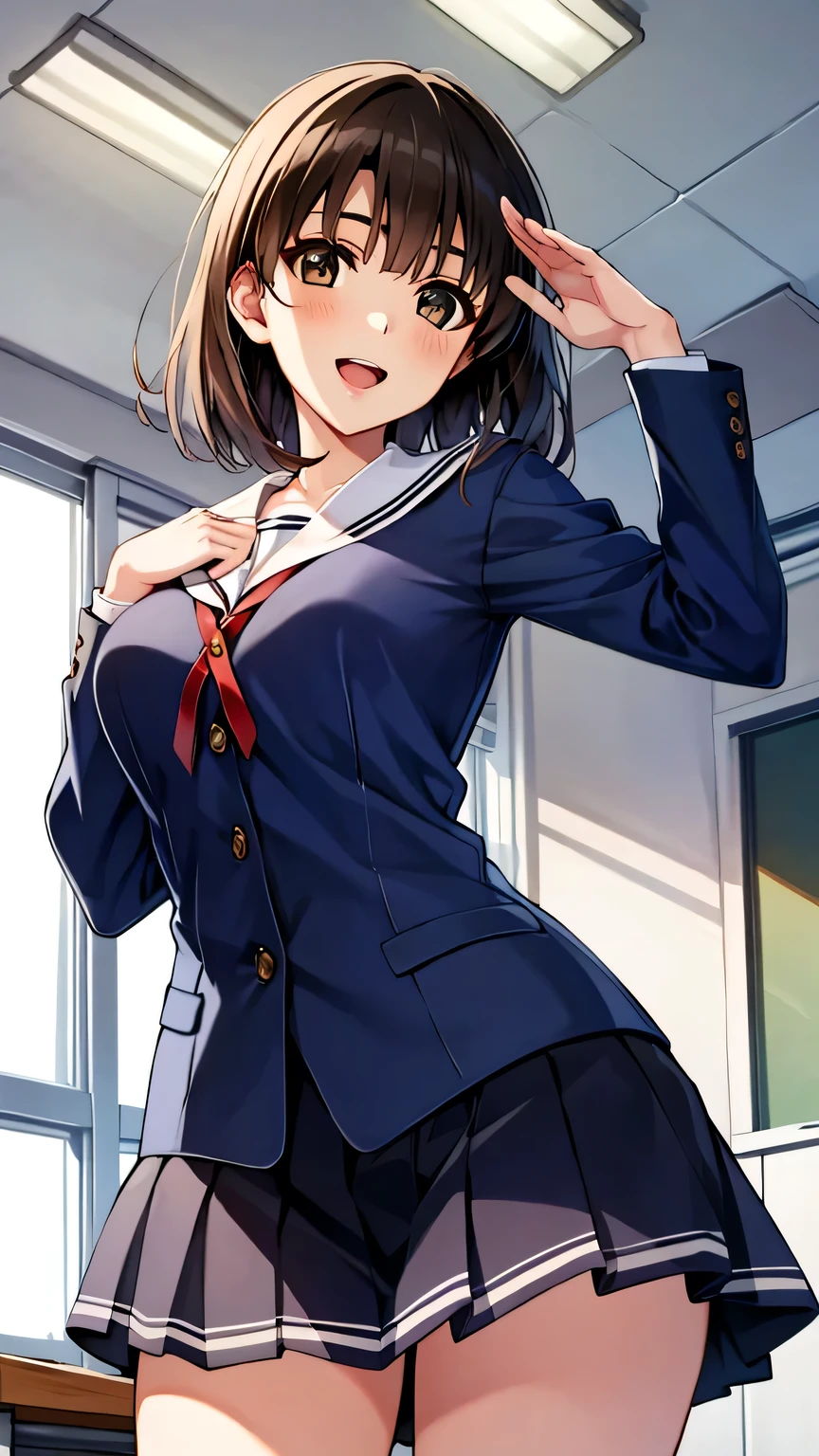 {{{masterpiece}}}, {{{best quality}}}, {{ultra-detailed}}, {illustration}, {{an extremely delicate and beautiful}}, (beautiful detailed eyes:1.6), extremely detailed face, 16k, visual anime de uma jovem mulher, extremamente bonito rosto de anime, anime melhor garota, (perfect hands, perfect anatomy), anime face, Katou Megumi (SAEKANO), 1girl, solo, cute face, hmkm1, brown hair, short hair, (brown eyes:1.7), medium breasts, thin waist, big hips, curvaceous, BREAK, {{school clothes}}, sailor collar, (blue shirt:1.2), long sleeves, red ribbon tie, pleated skirt, blue skirt, short skirt, thighs, black socks, BREAK,1girl, cowboy shot, open mouth, kyoushitsu, classroom, indoors, school chair, school desk, chalkboard, window, ceiling light, curtains, smiling, smug face, salute, peer in from below, looking at viewer, daytime, sit on the desk, spread legs, flushed cheeks