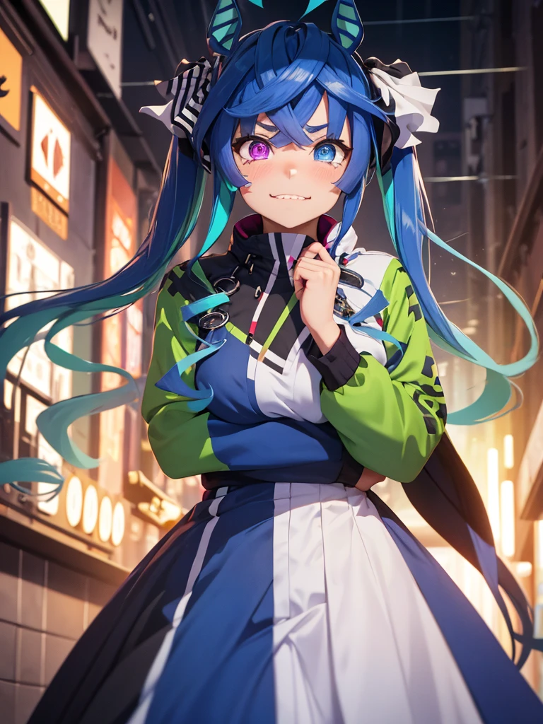 (​masterpiece、top-quality、hight resolution、Unity 8k、extremely details CG:1,Best Picture), Twin_Turbo_Umamusume, aqua hair, twintails, heterochromia, purple eyes, blue eyes, sharp teeth,  horse ears, horse girl, "From the perspective of the woman who just rejected a confession, the scene captures the heartbroken expression of a woman who can only love other women. Her face is caught in a fragile smile, tears welling up in her eyes as she tries to hold back her emotions. Her voice trembles as she says, 'Oh... right, of course' The empty street around them emphasizes the loneliness of the moment, as she stands there, utterly crushed but forcing a smile."((upper body))