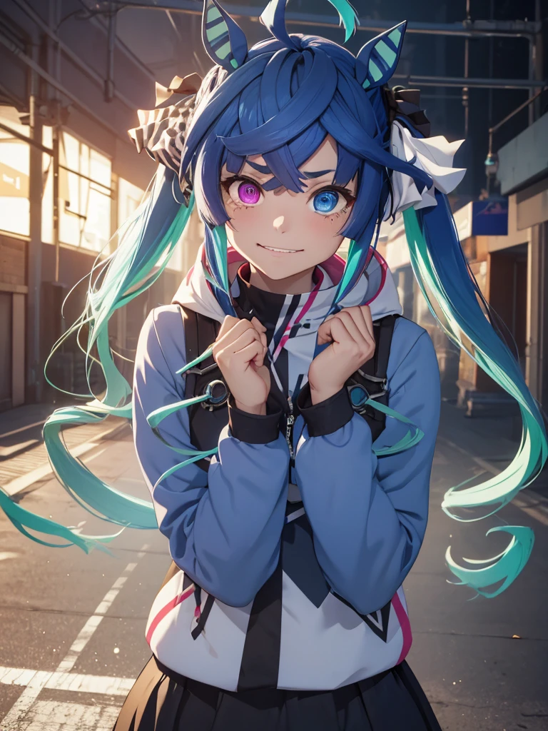 (​masterpiece、top-quality、hight resolution、Unity 8k、extremely details CG:1,Best Picture), Twin_Turbo_Umamusume, aqua hair, twintails, heterochromia, purple eyes, blue eyes, sharp teeth,  horse ears, horse girl, "From the perspective of the woman who just rejected a confession, the scene captures the heartbroken expression of a woman who can only love other women. Her face is caught in a fragile smile, tears welling up in her eyes as she tries to hold back her emotions. Her voice trembles as she says, 'Oh... right, of course' The empty street around them emphasizes the loneliness of the moment, as she stands there, utterly crushed but forcing a smile."((upper body))