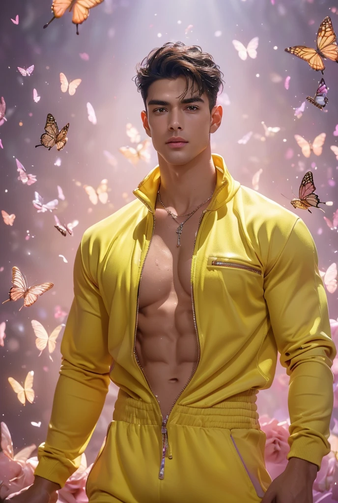 (8K, RAW photo, Highest quality) masterpiece, 1 young boy, 18 years old, Asian muscular man Look at viewer, standing forward, showing his huge muscular breasts, puffy nipples, sexy six packs, narrow waist, Handsome, Topless, Thick body hair, man wearing only micro Loincloth, butterflies on his body, butterflies flying through the air, gradient background, Sparkle & Sequin Backdrops , cinematic lighting, UHD