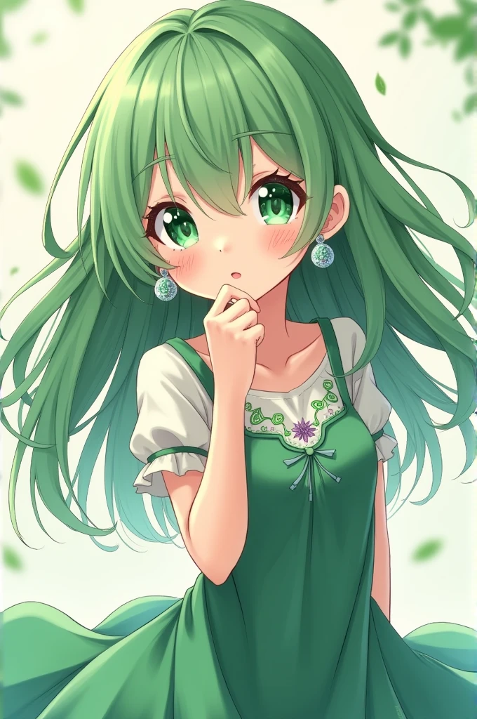 score_9, score_8_up, 1girl, solo, green eyes, long hair, green hair, looking at viewer, dress, white dress, parted lips, blush, small breasts, collarbone, standing, princess