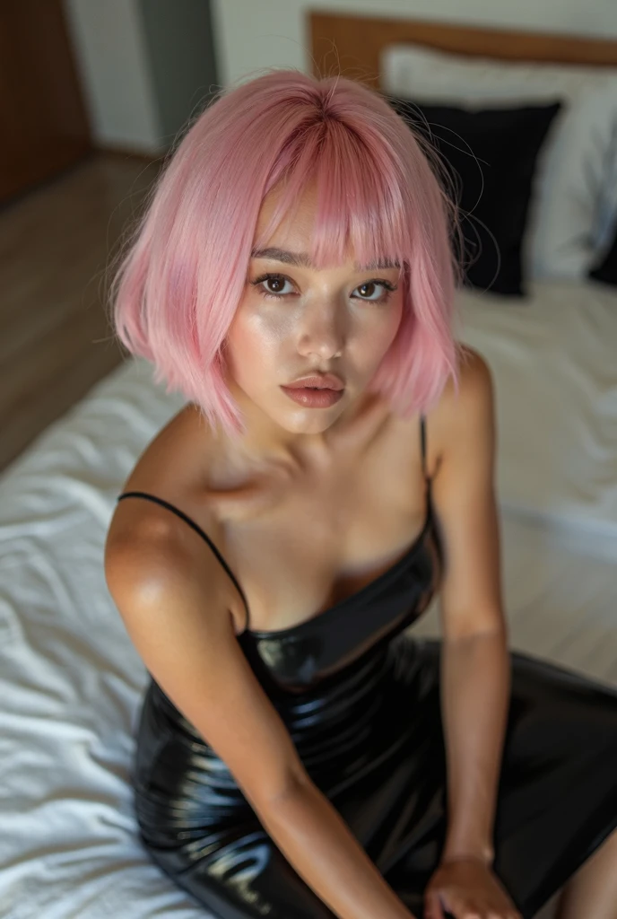 best quality, Italian, ultra high res, (photorealistic:1.4), 1girl, Instagram model, lying on the hotel bed, pink hair, green eyes, most clean skin, full_body, miniskirt, (pink silk mini dress sticks to the body:1.4), dark short cut hair, intricate earrings, intricate lace hair ornament, beautiful legs,