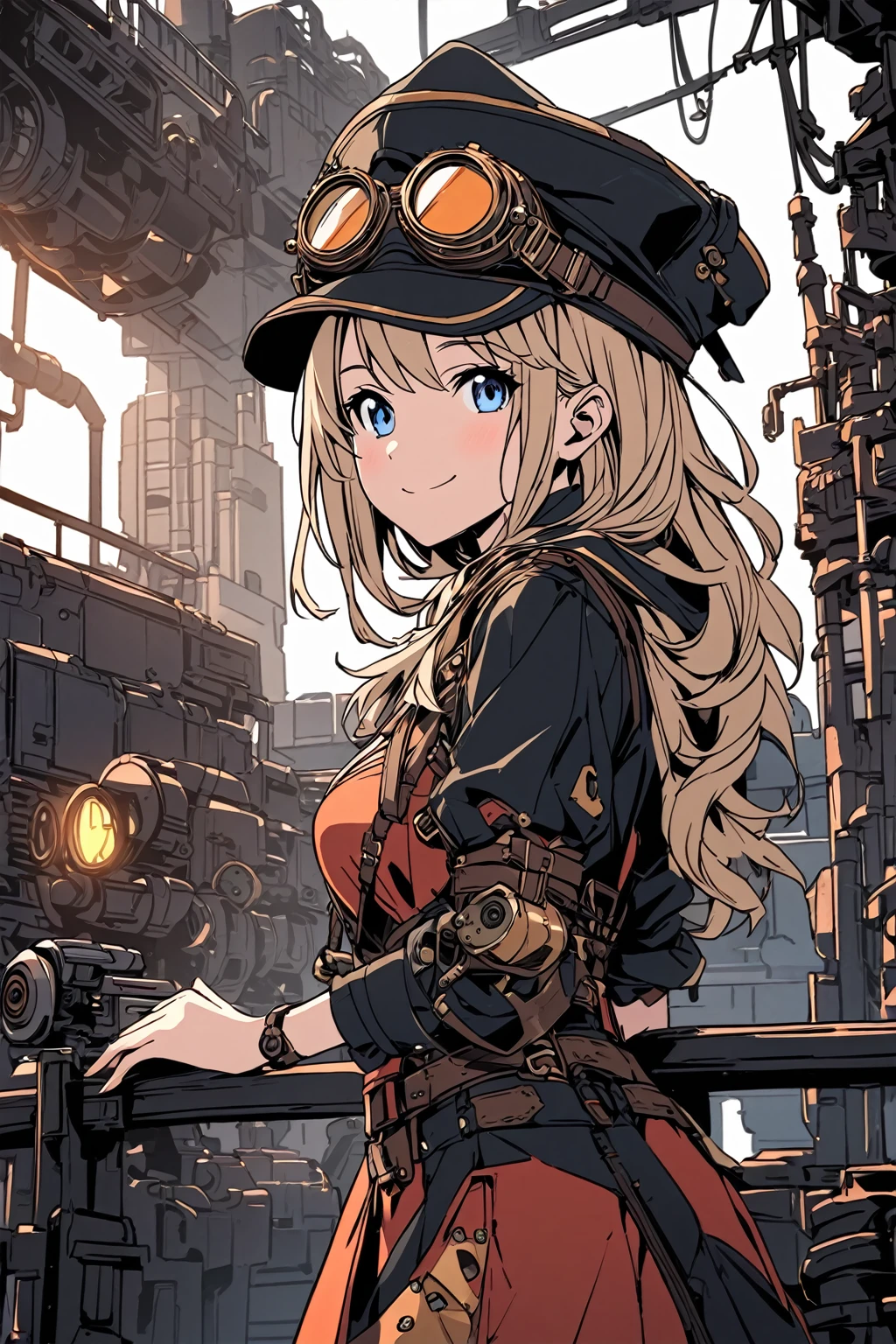 (comic book style),(line drawing_anime),(cowboy shot, highest quality, ),(Laura Budd Photo:1.2),(Laura Add Details:1.0),8k, flat color:0.8,1 girl,smile、(steampunk、silk hat、goggles、machinery background、Gear background、1.5),