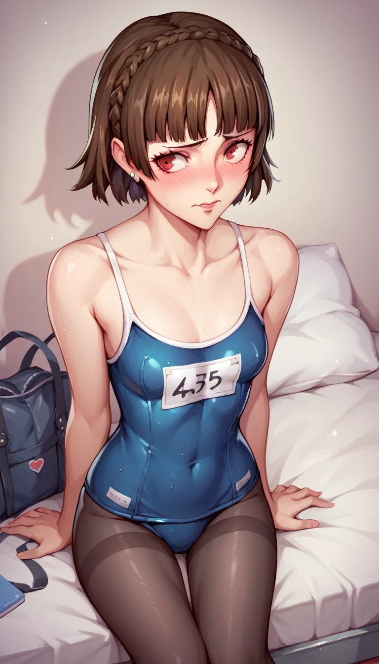 ,((masterpiece)),((Beautiful and detailed drawing)),Persona 5,Makoto Niijima,Short brown hair,Red Eye,Embarrassed expression,(Black Pantyhose),School Swimsuit,Bedroom,