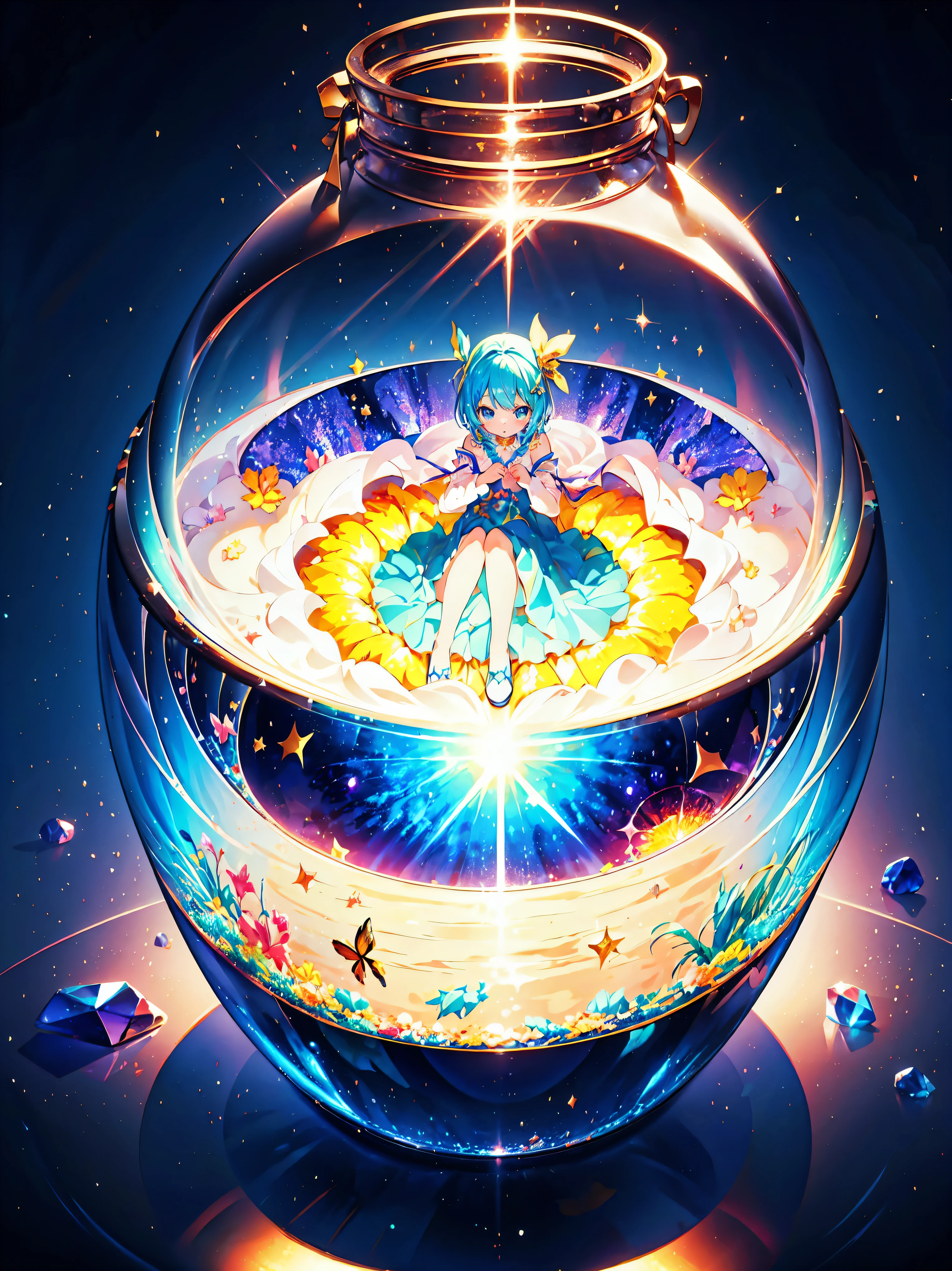 Mysterious world, Fantasy World, Strange World, trick, Large glass jar with lid, ((One Girl)), The girl is in a glass bottle, Holding my knees, sphere, Bubble, seabed, prism, Rainbow, Waterslide, Fantastic Background, crystal, sparkle, Sparkle, Reflection of light, Transparency, colorful, particle effect, caustics, (((ultra detailed))), (((ultra resolution))), (((best quality))), (anime moe art style:1.3), アイソメtrick3D, Octane Rendering,Ray Tracing,