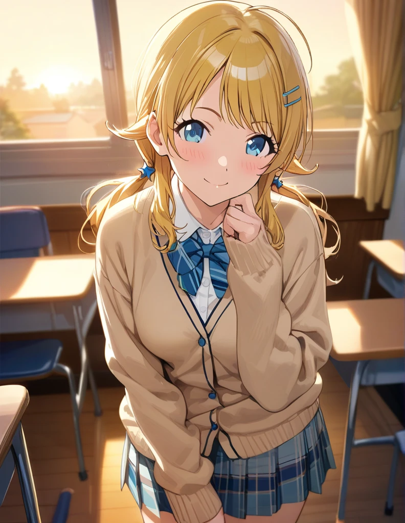 (masterpiece),(Highest quality),(Very detailed),(Best illustrations),(Best Shadow),(Absurd),(Detailed Background),(so beautiful), 
Official Style,

Meguru Hachimiya, blonde hair, long hair, blue eyes,

the idolmaster shiny colors,
low twintail,
chest,
blush,
smile,

school uniform, Cardigan,

alone,
Japan,
classroom,
evening,
Sunset,
Background Blur, 
focus on face,
realistic skin,
cowboy shot,