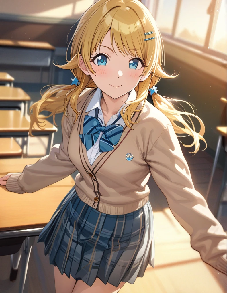 (masterpiece),(Highest quality),(Very detailed),(Best illustrations),(Best Shadow),(Absurd),(Detailed Background),(so beautiful), 
Official Style,

Meguru Hachimiya, blonde hair, long hair, blue eyes,

the idolmaster shiny colors,
low twintail,
chest,
blush,
smile,

school uniform, Cardigan,

alone,
Japan,
classroom,
evening,
Sunset,
Background Blur, 
focus on face,
realistic skin,
cowboy shot,