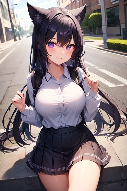 Blue Archive Karin, karin, Ahoge, Black hair, (Dark skin), (dark skinned female:1.3), Halo, Long hair, (Yellow eyes:1.5),Break Cardigan, Neck ribbon, Black pleated skirt, bow ribbon, School uniform, Skirt, (Blue cardigan:1.3), Naughty big、large full breasts、BREAK looking at viewer, Break indoors, crass room,BREAK (masutepiece:1.2), Best Quality, High resolution, Unity 8k壁纸, (Illustration:0.8), (Beautiful detailed eyes:1.6), extra detailed face, Perfect Lighting, extremely details CG, (Perfect hands, Perfect Anatomy),(Skirt lift:1.3), (Blue stripes々Panties:1.3)、(Skirt that rolls up:1.3)、(Fully exposed panties:1.5),(is standing:1.3)、A smile、plein air、outside of house、