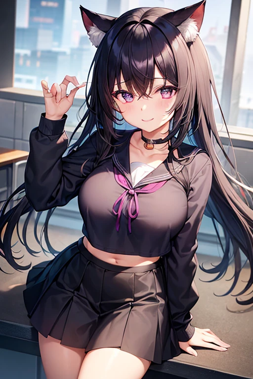 1 girl with a pentagram in her eyes, gorgeous long purple hair, smiling, mouth open, , unbuttoning, medium bust, blushing lashes, cat ears, classroom, classroom desk, on all fours, white stockings, blushing face, tongue out