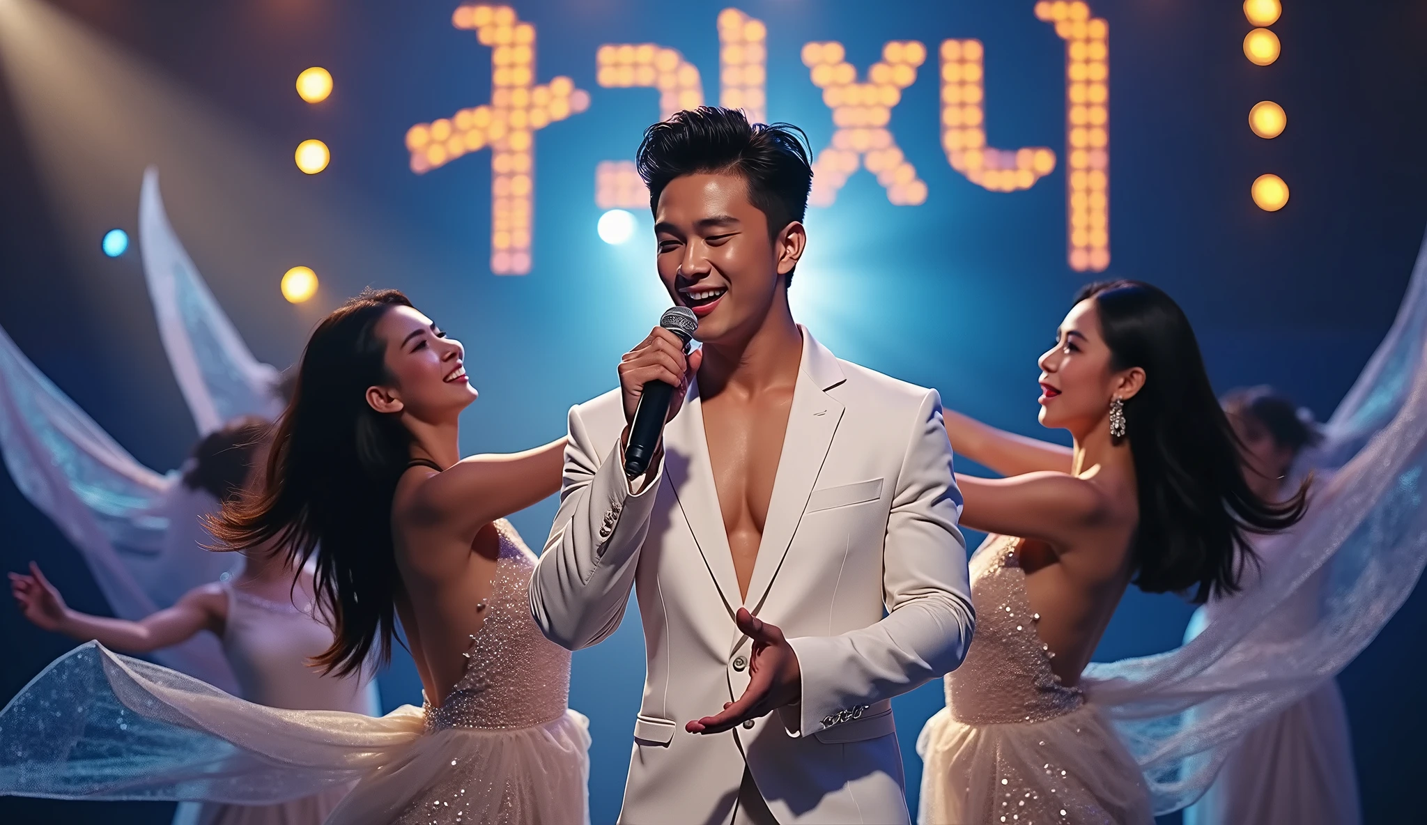 a Korean gentleman handsome 30s, holding 1 microphone, giving out a speech on stage,16:9, hperrealistic,naked