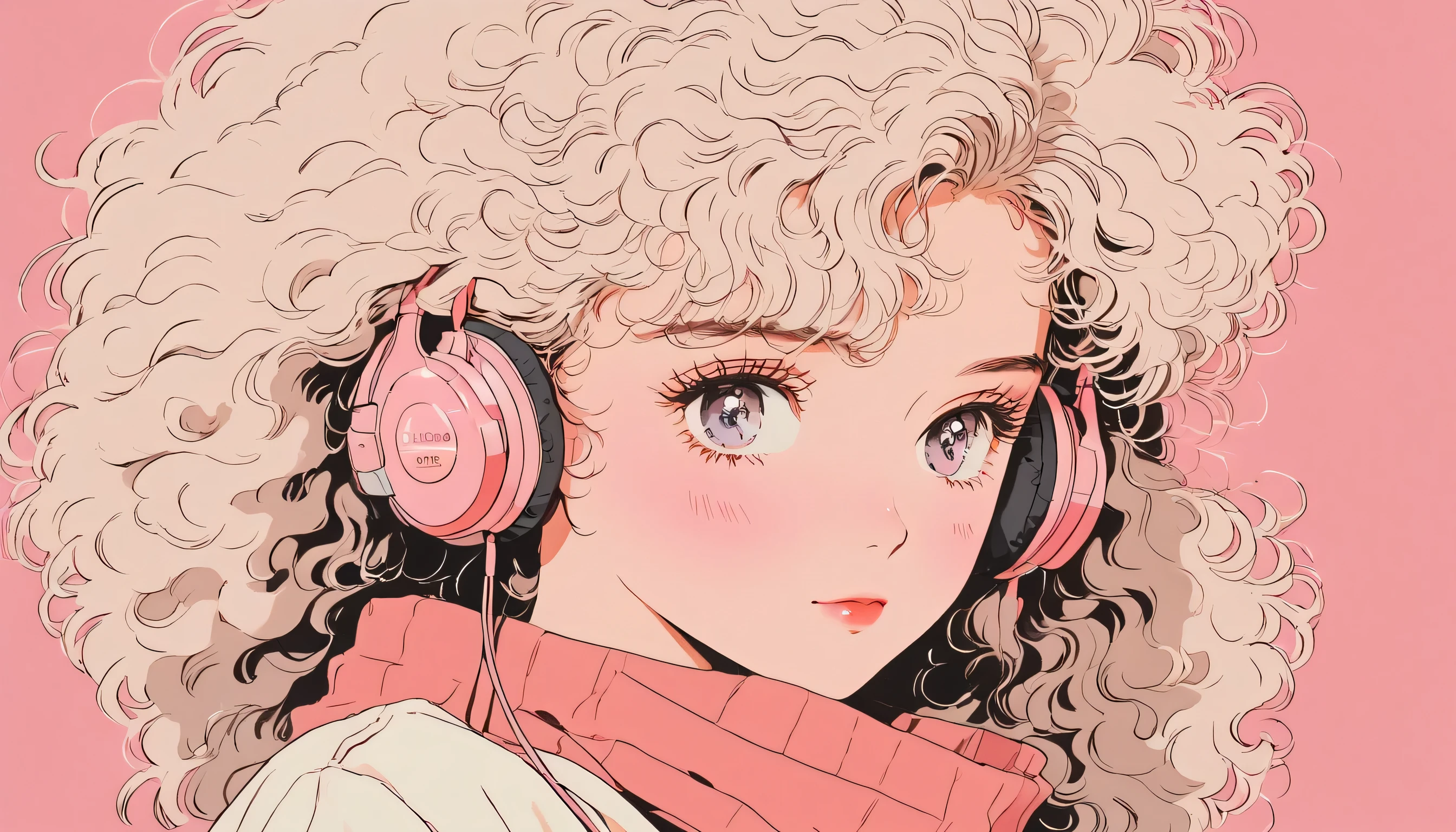 90's anime style, 1990s style, clear, 1980s style, (blush:1.7), the highest quality, 8k, 1 woman, Only, lofi girl, lofi art, lofi feeling, looking at the viewer, very big eyes, wearing 1980s clothes, upper shot, close up, smiling, light brown eyes, skin white as snow, sparkling eyes, white hair, curly hair, anime girl wearing wireless headphones, solid pink background with no other elements