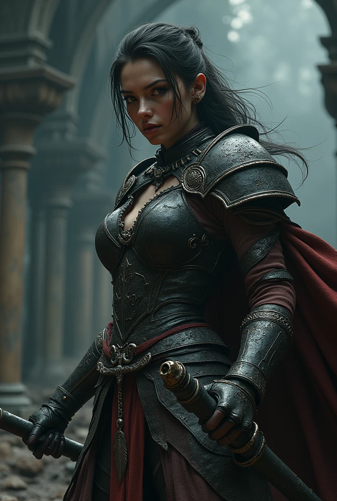 Cartoon a beautiful woman with black hair and red locks is running at night in the courtyard of a palace while it is raining, and she is wearing armor and is stained with many  blood in his armor and face, she is scared