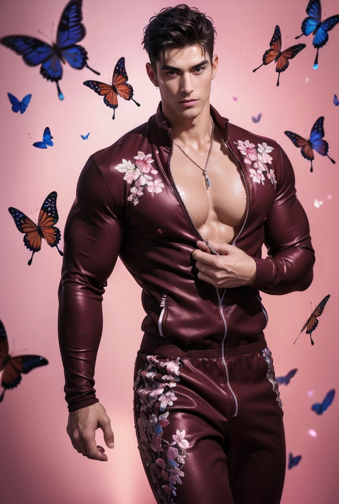  (absurdres, highres, ultra detailed, Ultra HD), ((a tall handsome muscular young man with a strong physique, solo, male model modern clothing, Full length portrait: 1.5, wearing (maroon color zip-up jumpsuit) that is unzipped revealing his chest and abs, bulge:1.2, necklace, jewellery), beautiful detailed eyes, beautiful detailed lips, extremely detailed eyes and face, smooth skin, a hot glow in his skin, perfect body, large chest, extremely large breasts, big nipples, sexy gaze, looking at the viewer romantically, sexy expression, sexy posture, short hairstyle, beautiful, gorgeous, wet, sensual, alluring, erotic, mature, verious colorful roses around him, the man is standing comfortably in the roses, butterflies on his body, butterflies flying through the air, floral, depth of field, gradient background, Sparkle & Sequin Backdrops, vibrant colours, breathtaking grandeur, model pose, colorful, artistic, focus on his calm facial features, elegant look, full body view,