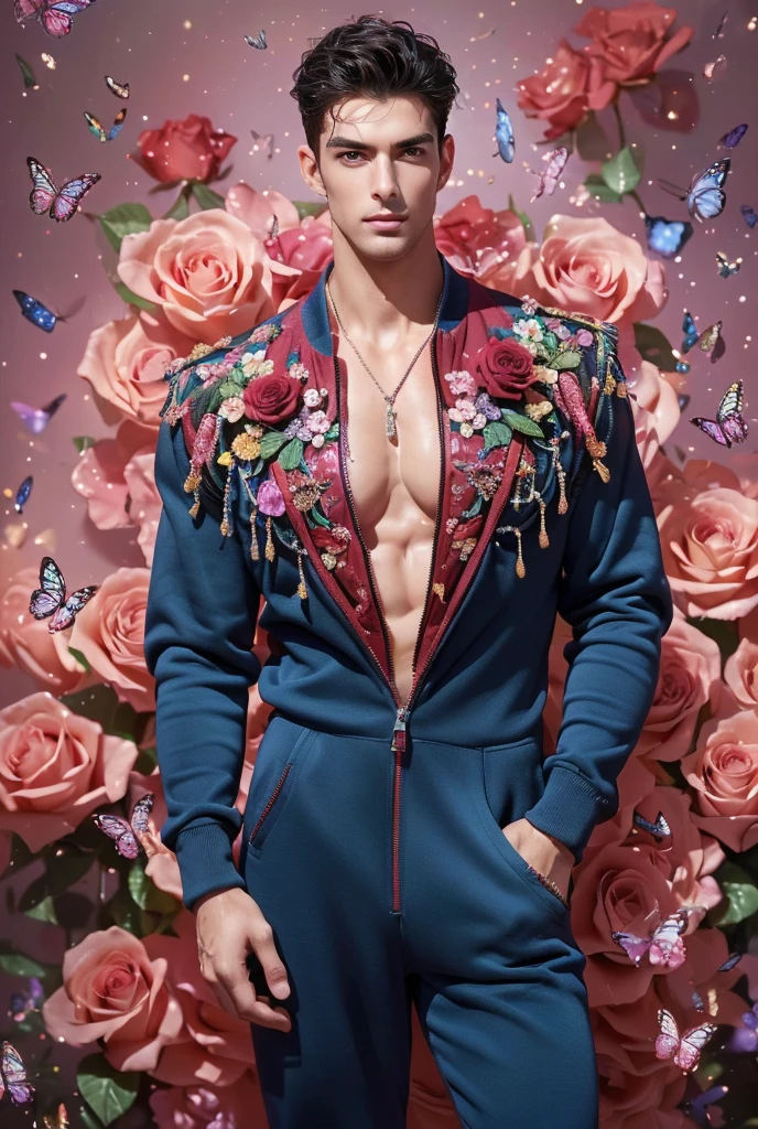  (absurdres, highres, ultra detailed, Ultra HD), ((a tall handsome muscular young man with a strong physique, solo, male model modern clothing, Full length portrait: 1.5, wearing (maroon color zip-up jumpsuit) that is unzipped revealing his chest and abs, bulge:1.2, necklace, jewellery), beautiful detailed eyes, beautiful detailed lips, extremely detailed eyes and face, smooth skin, a hot glow in his skin, perfect body, large chest, extremely large breasts, big nipples, sexy gaze, looking at the viewer romantically, sexy expression, sexy posture, short hairstyle, beautiful, gorgeous, wet, sensual, alluring, erotic, mature, verious colorful roses around him, the man is standing comfortably in the roses, butterflies on his body, butterflies flying through the air, floral, depth of field, gradient background, Sparkle & Sequin Backdrops, vibrant colours, breathtaking grandeur, model pose, colorful, artistic, focus on his calm facial features, elegant look, full body view,