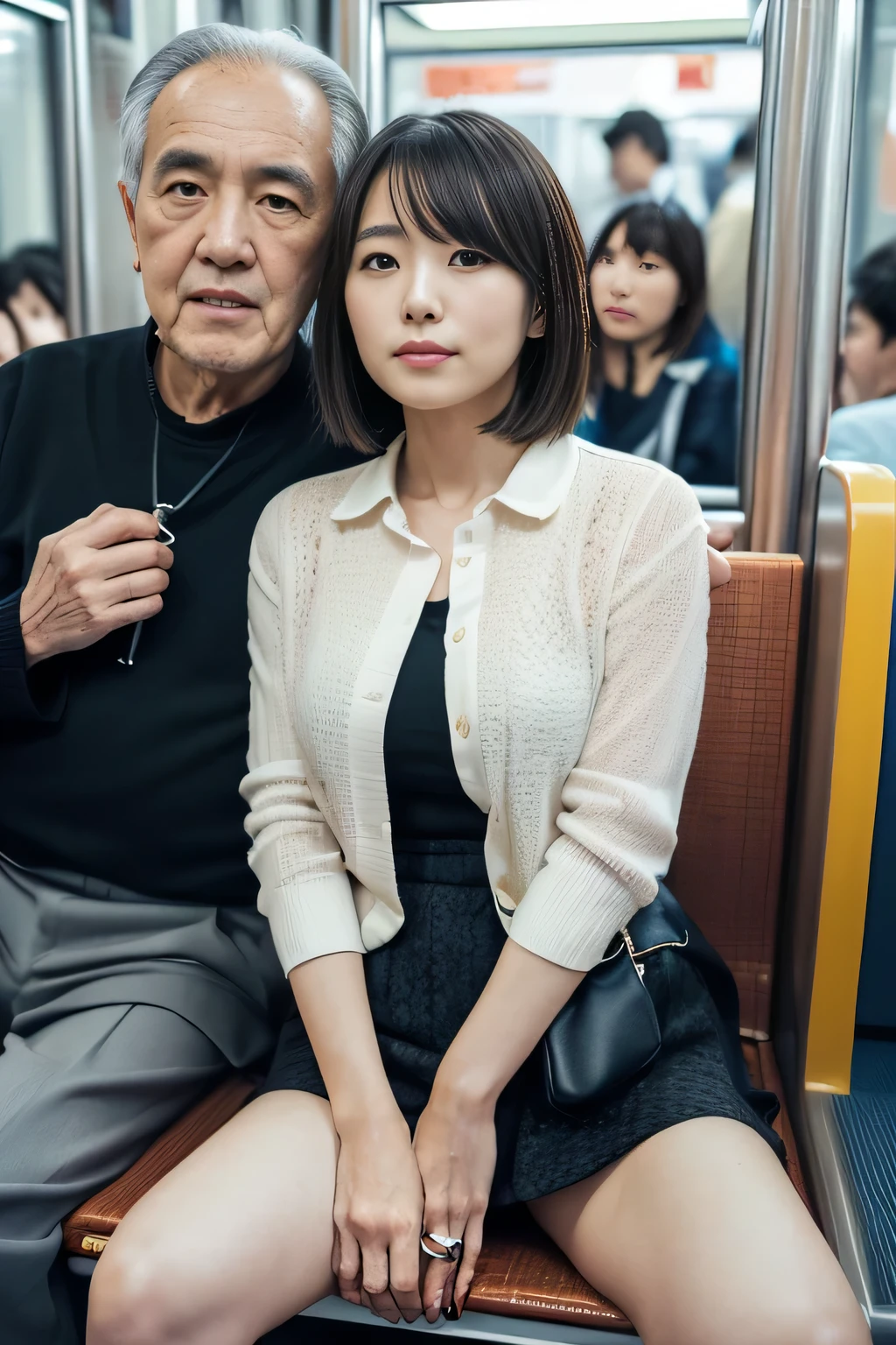 (((Photo of a beautiful Japanese woman and her grandfather:1.4))),(((apply to body:1.4))),Expressionless、8K Photo,((Viewer discretion advised)),(((An older Japanese man sitting next to a woman is touching her thigh:1.4))), ((from the front), (((Spread your legs))), (Very short hair), Beautiful Japanese office lady, Plain Shirt, Open chest shirt, ((mini skirt)), ((Sitting on a moquette-covered bench in a Japanese commuter train)), A woman riding on JR East's E235 series train, ((Tokyo train bench)), (Close your eyes), ((Sleep soundly))), ((weak))), ((Sleep)), ((Dozing off)), ((Delicate painting) ), (Detailed raw photo of the girl), (Best Quality: 1.6), ((Ultra-high resolution) ((Genuine)), 8K resolution, Canon EOS R5, 50mm, Absurd, Advanced Details, Cinematic Lighting, ((Skirt gap)), ((defenseless)), (cute printed panties), Please be careful when viewing: 0.2, ((night)), White bra, 10pm,