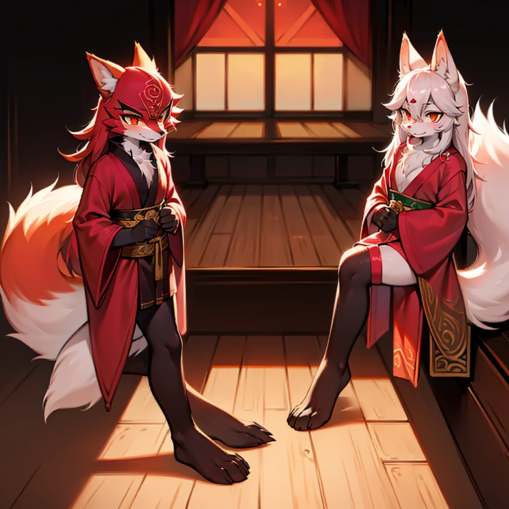 I want to be a legendary creature, a nine-tailed fox, wearing a red Yaksha mask, equipped with a katana on the side of the body, with a mount, wearing a red kimono on the body, and wearing socks on all four feet.