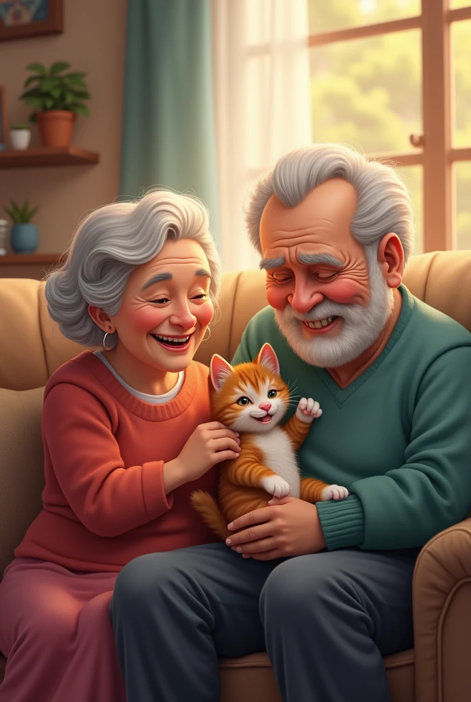 A married couple with their baby granddaughter with little pigtails and a yellow and white cat
