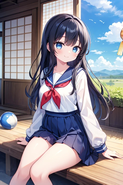 One girl, (High resolution, Anatomically correct, masterpiece, Textured skin), Long Hair, Black Hair, blue eyes, smile, summer,blue sky,Veranda,High school girl,Sailor suit,Hair blowing in the wind, wind chimes,White Clouds,((sit)),Character profile, 